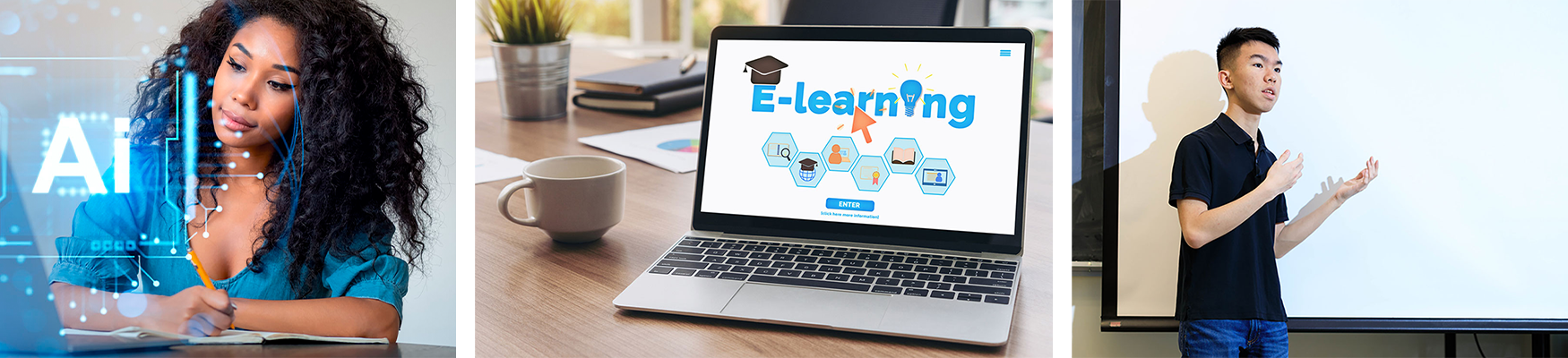 Instructional Design collage: woman working in note book with AI, laptop computer with words e Learning, and young adult lecturing, concept image with icons on blue background