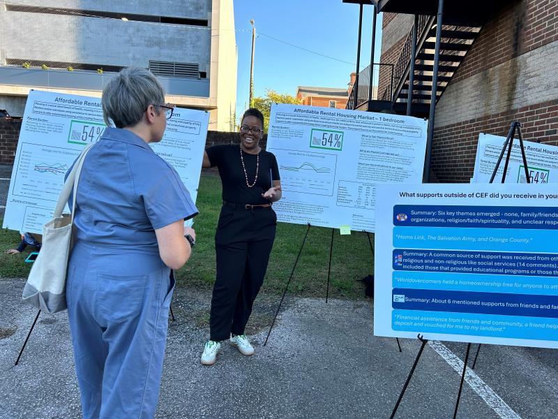 Danielle Spurlock, talks with a data walk participant about rental housing market trends in Chapel Hill and Carrboro, NC.