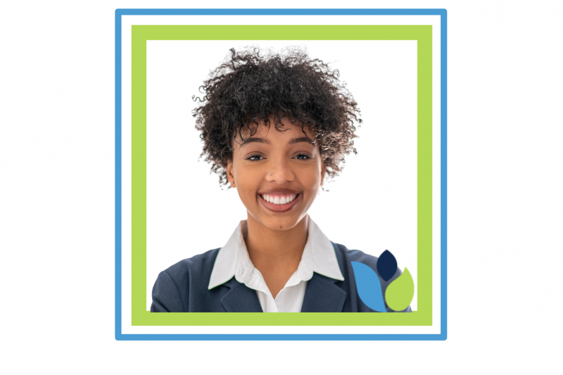 Kyleigh Creighton; headshot style photo with decorative Carolina blue and light green frame