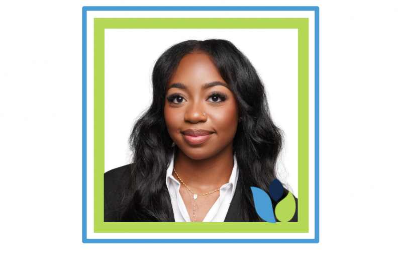 Amaya Jeffers; headshot style photo with decorative Carolina blue and light green frame