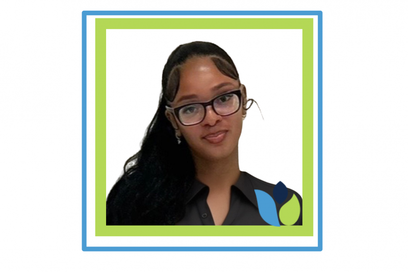 Kamora Coleman: headshot style photo in decorative Carolina blue and light green frame
