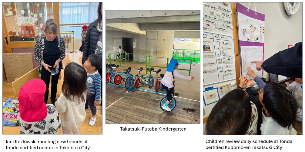 at left Jani talks to 3 children, in middle child on unicycle, at right children look at wall schedule