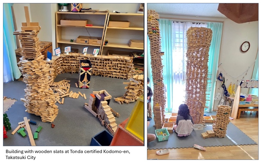 at left children's classroom with wooden play building structures, at right child sits in front of wooden play building structure