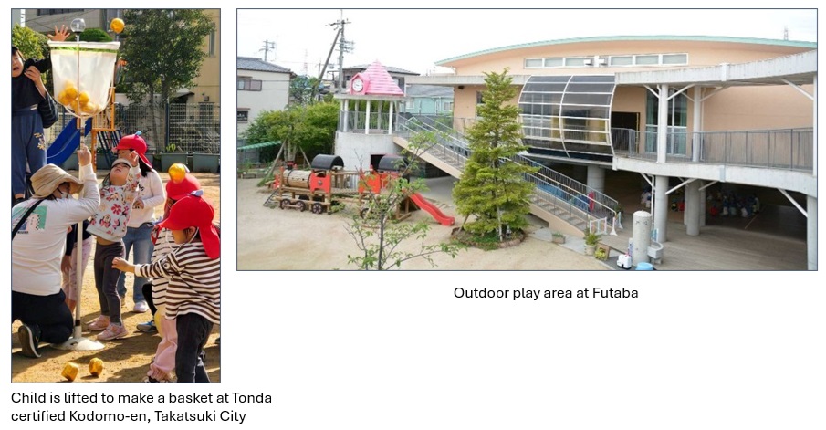 at left child is lifted to toss a ball into a net, right outdoor play area in front of school