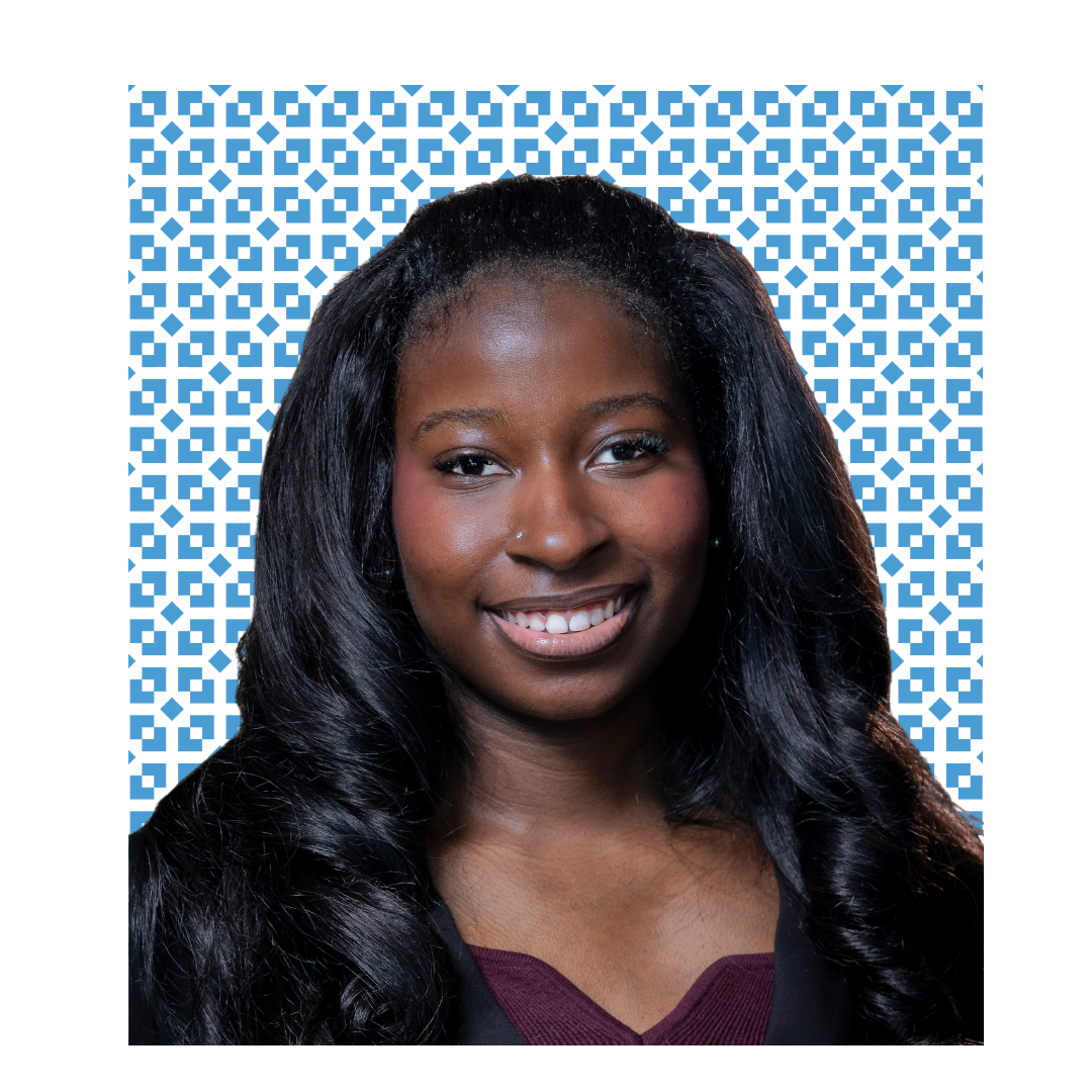 headshot of Mariah Hackett with carolina blue design background