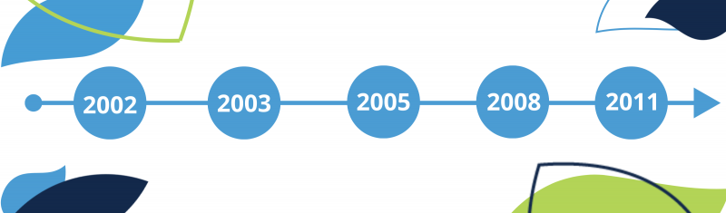 decorative timeline with 2002 2003 2005 2008 2011