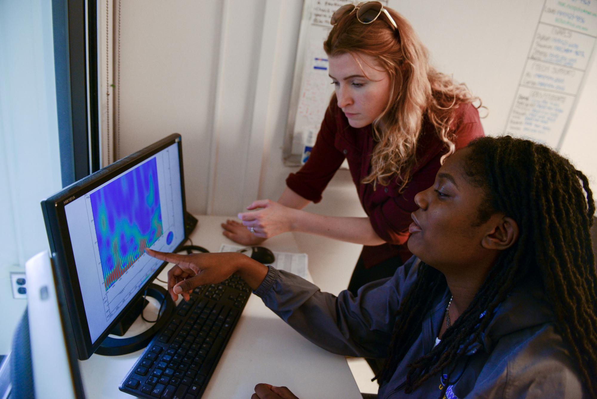 Two researchers looking at a computer monitor