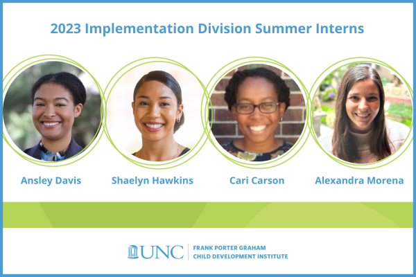 2023 implementation division summer interns; circle headshots of four female graduate students, ansley davis, shaelyn hawkins, cari carson, and alexandra morena