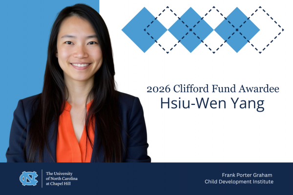 2026 Clifford Fund Awardee Hsiu-Wen Yang; photo of Hsiu-Wen Yang with Carolina argyle accents Frank Porter Graham Child Development Institute