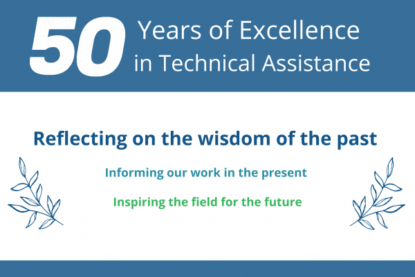50 years of excellence in technical assistance; reflecting on the wisdom of the past, informing our work in the present, inspiring the field for the future written on blue and white media card with decorative leaf accents