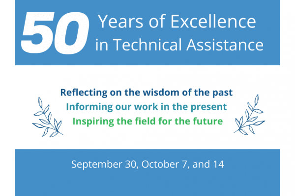 50 years of excellence in technical assistance; reflecting on the wisdom of the past, informing our work in the present, inspiring the field for the future written on blue and white media card with decorative leaf accents