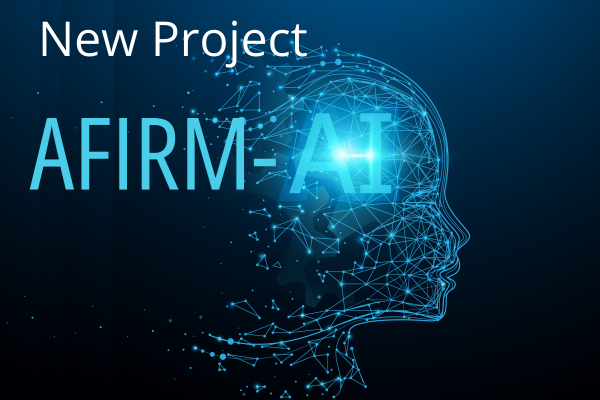 New Project AFIRM-AI written on dark blue background with conceptual image in background of human profile made from polygon 