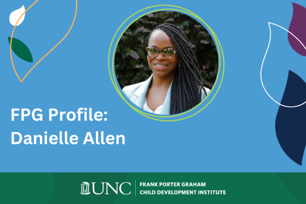 FPG Profile Danielle Allen; round headshot of Danielle Allen with Carolina Blue background and decorative leaves