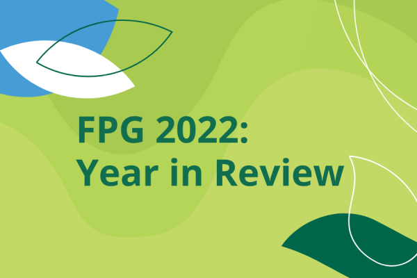 FPG 2022: Year in Review; light green background with blue, white and dark green leaf accents