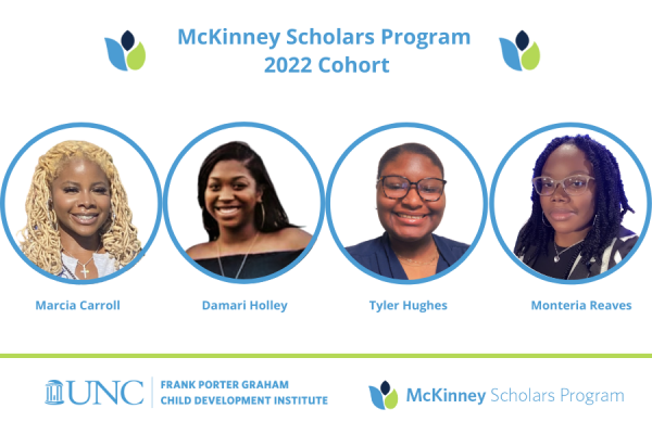 photo collage of 2022 mckinney scholars program cohort including small round headshots of each scholar: marcia carroll, damari holley, tyler hughes, and monteria reaves 