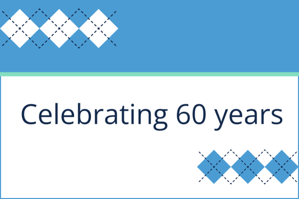 carolina blue and white background with argyle pattern and Celebrating 60 years
