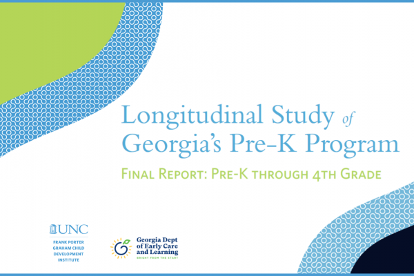 white media card with light blue, light green and navy accents that reads: Longitudinal Study of Georgia's Pre-K Program Final Report: Pre-K through 4th Grade