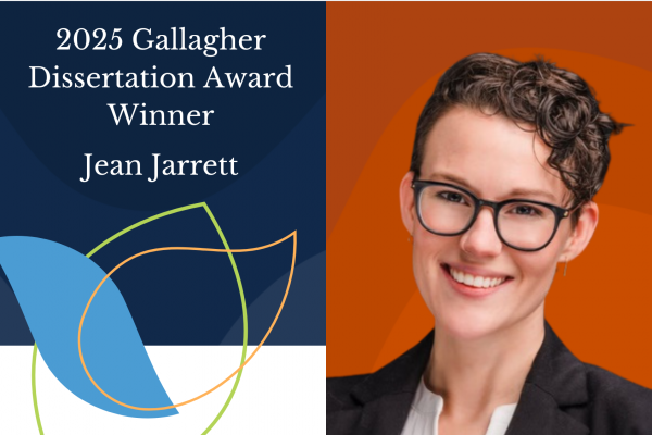2025 Gallagher Dissertation Award Winner Jean Jarrett; decorative image with headshot of Jean Jarrett