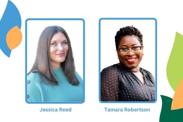 headshots of jessica reed (left) and tamara robertson (right) with decorative leaves at border