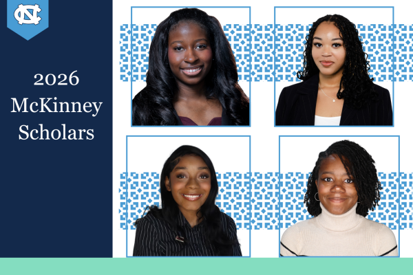 Interlocking N and C white on Carolina blue background pennant top left corner, 2026 McKinney Scholars, Frank Porter Graham Child Development Institute, with 4 small square headshots of four young women who are this year's McKinney Scholars