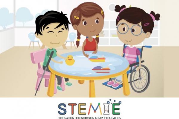 cartoon illustration of three young classroom children working at round table together; one child is in a wheelchair; along bottom of image is the logo for  STEM Innovation for Inclusion in Early Education (STEMIE) Center 