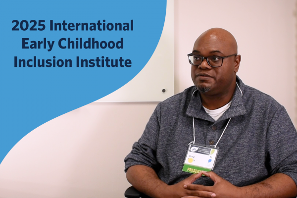 Gregory Facey sitting and speaking to an interviewer out of frame. Image contains text: "2025 International Early Childhood Inclusion Institute"