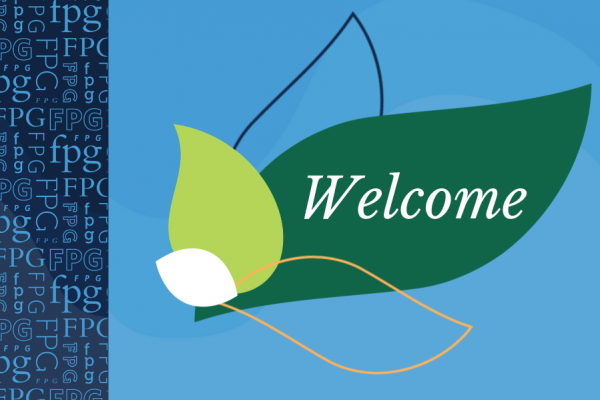 carolina blue background with dark blue left border and floating green leaves with text that says Welcome