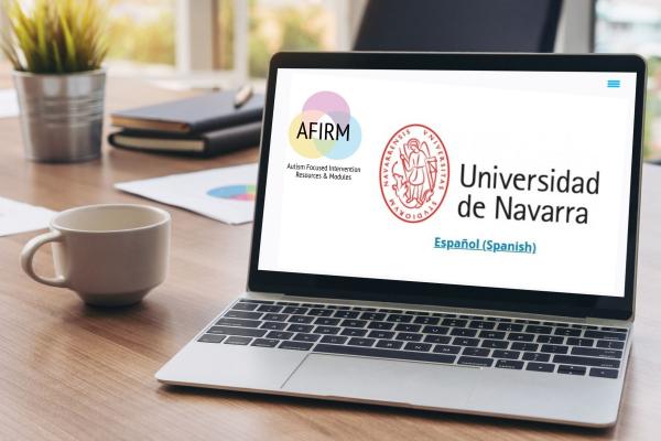 E-learning and Online Education for Student and University Concept. Video conference call technology to carry out digital training course for student to do remote learning from anywhere. On laptop screen is the AFIRM/Autism Focused Intervention Resources & Modules logo and the Universidad de Navarra logo.