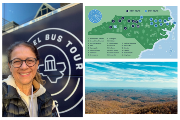 ayse belger at left in front of tar heel bus tour bus; top right map of north carolina; bottom right scenic mountain view of western north carolina