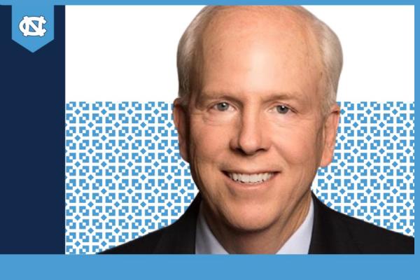 Headshot of Don Bailey with decorative carolina blue background and UNC interlocking logo