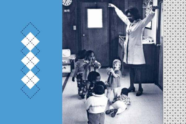 blue background with argyle accent beside black and white photo of early care educator and very young children in a classroom in the 1960s