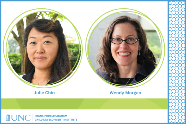 Julie Chin at left and Wendy Morgan at right; two headshots of women in decorative lime green circles on white background with UNC FPG logo in Carolina blue