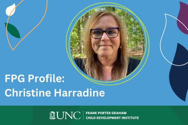 FPG Profile Christine Harradine; carolina blue background with decorative leaves and center circle headshot of christine harradine