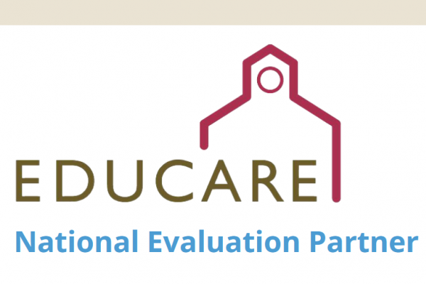 EDUCARE logo - EDUCARE in tan on white background with red house outline and National Evaluation Partner written in blue