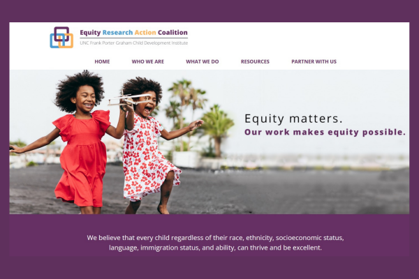 equity research action coalition website homepage screenshot with two young girls running outside with wooden airplane toy and text that reads: equity matters. our work makes equity possible.