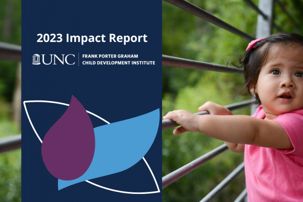 2023 Impact Report UNC Frank Porter Graham Child Development Institute; small girl in pink shirt holds onto railing by outdoor park