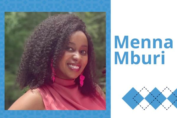 headshot style photo of Menna Mburi; with Carolina blue background and argyle accents