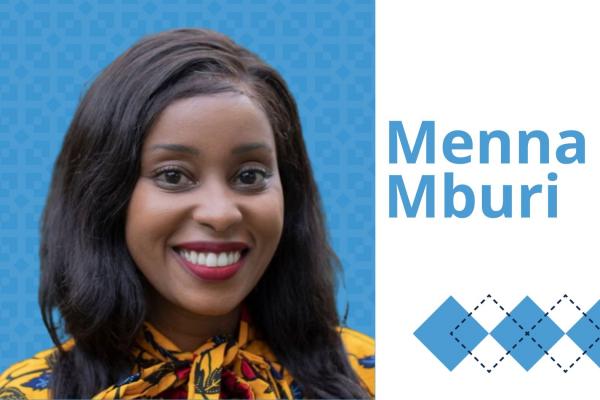 headshot style photo of Menna Mburi; with Carolina blue background and argyle accents