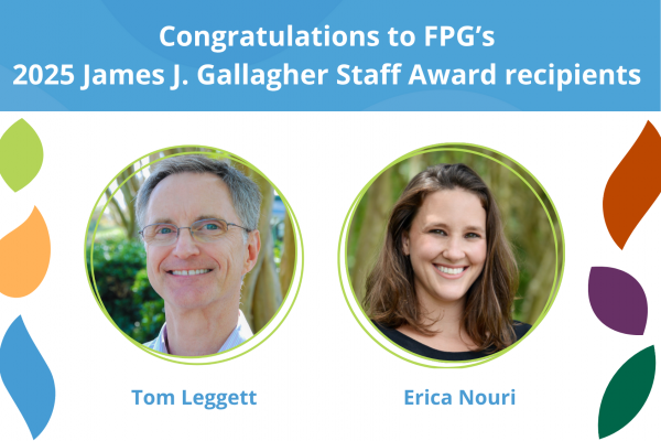 Congratulations to FPG's 2025 James J. Gallagher Staff Award recipients Tom Leggett and Erica Nouri; photos of Tom at left and Erica at right with decorative leaves surrounding