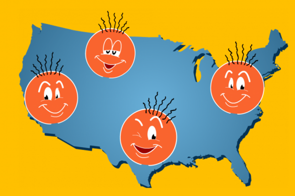 yellow background with blue usa map shape and smiling orange emoji faces on top