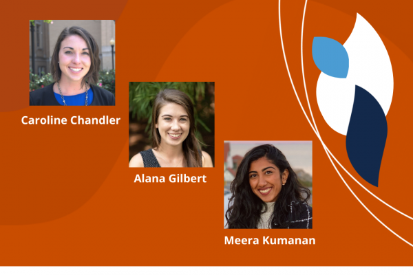 orange background with decorative blue and white leaves with three small headshot photos of 3 female implementation interns: caroline chandler, alana gilbert, and meera kumanan