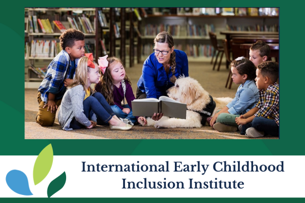 photo of teacher reading to inclusive group of young students and guide dog; international early childhood inclusion institute