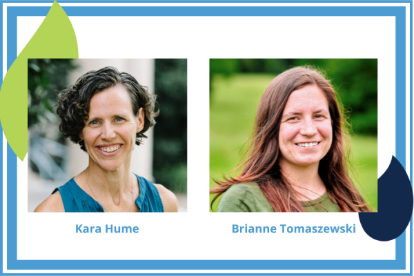 Kara Hume and Brianne Tomaszewski; photos of two women over white background with carolina blue border and light green and navy leaf accents