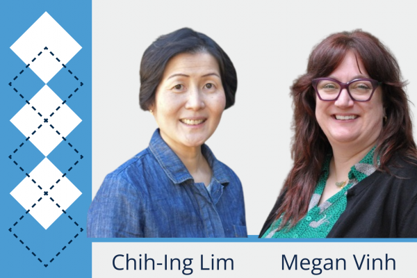 chih-ing lim and megan vinh; headshots of two women with carolina argyle accent at left