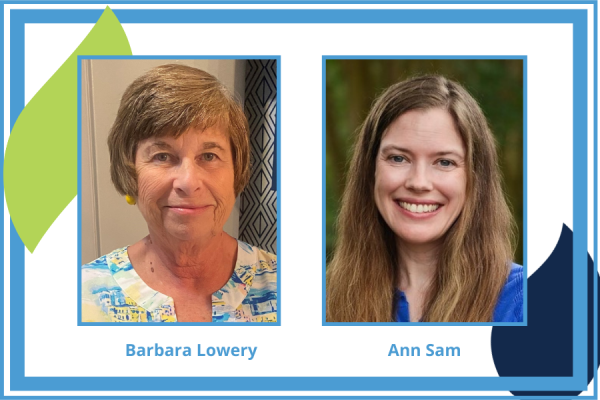 Headshot style photos of Barbara Lowery and Ann Sam with carolina blue borders and decorative leaves