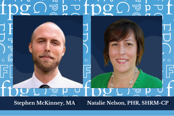 stephen mckinney headshot on left, natalie nelson headshot on right over wallpaper background of carolina blue and fpg; man with beard in white shirt beside woman with short brown hair wearing green top