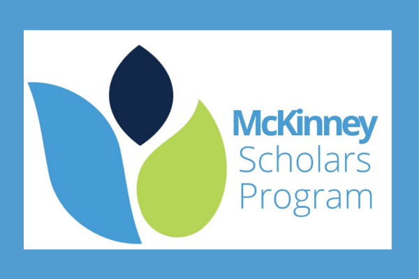 McKinney scholars program logo light blue, dark blue, and green leaves with text
