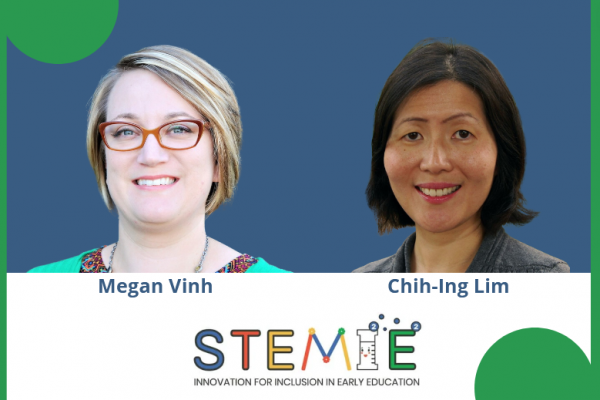 megan vinh and chih-ing lim photos over blue background with stemie logo along the bottom