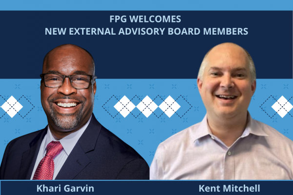 FPG welcomes new external advisory board members Khari Garvin and Kent Mitchell; headshots of Garvin at left and Mitchell at right with carolina blue and navy background