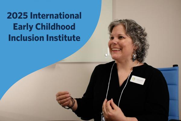 Amanda Kloo sits in a chair and speaks to an interviewer off-screen. Image contains text: "2025 International Early Childhood Inclusion Institute"